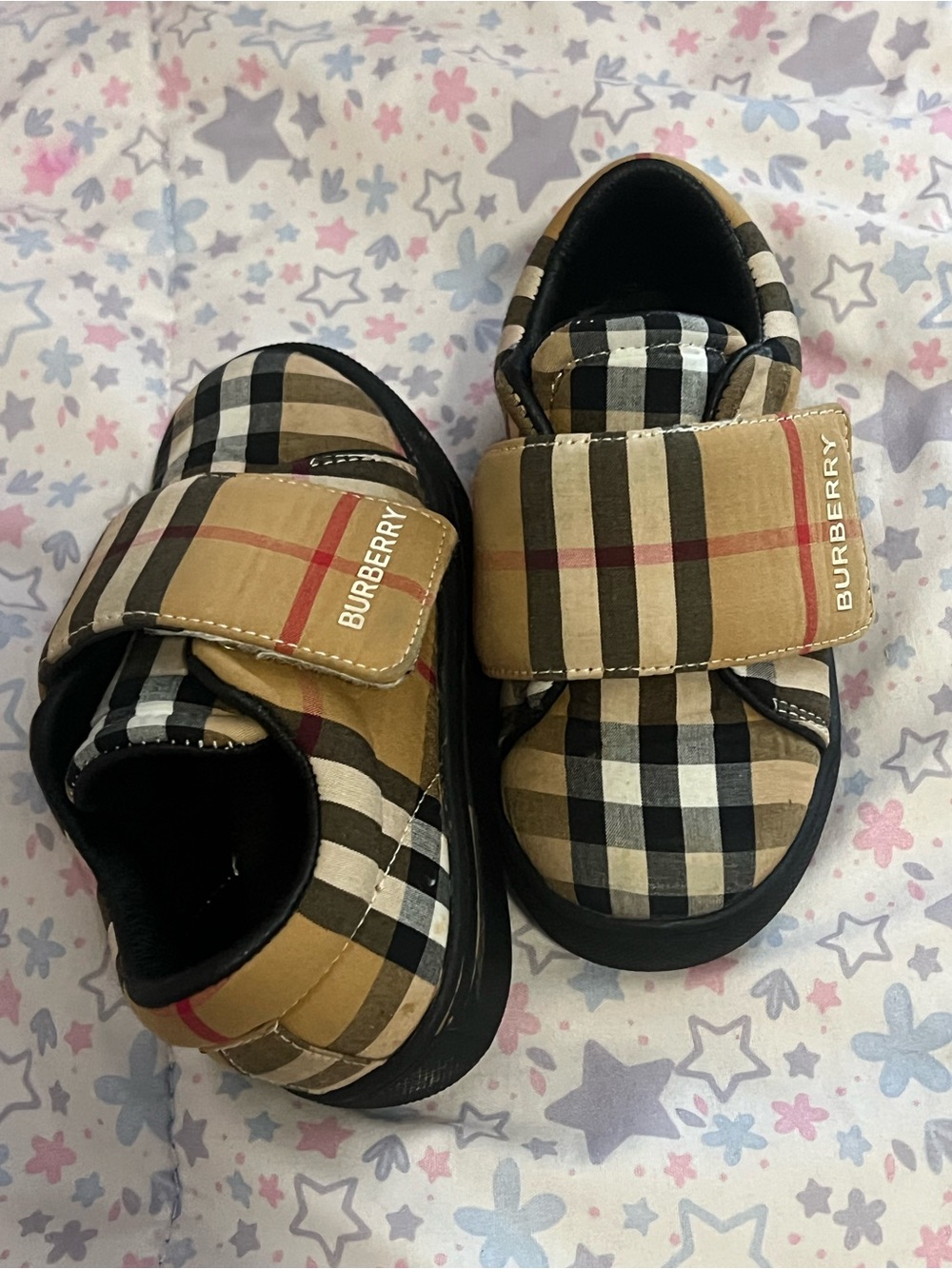 Burberry Tan Black White Check Velcro Baby Toddler Sneakers 8c